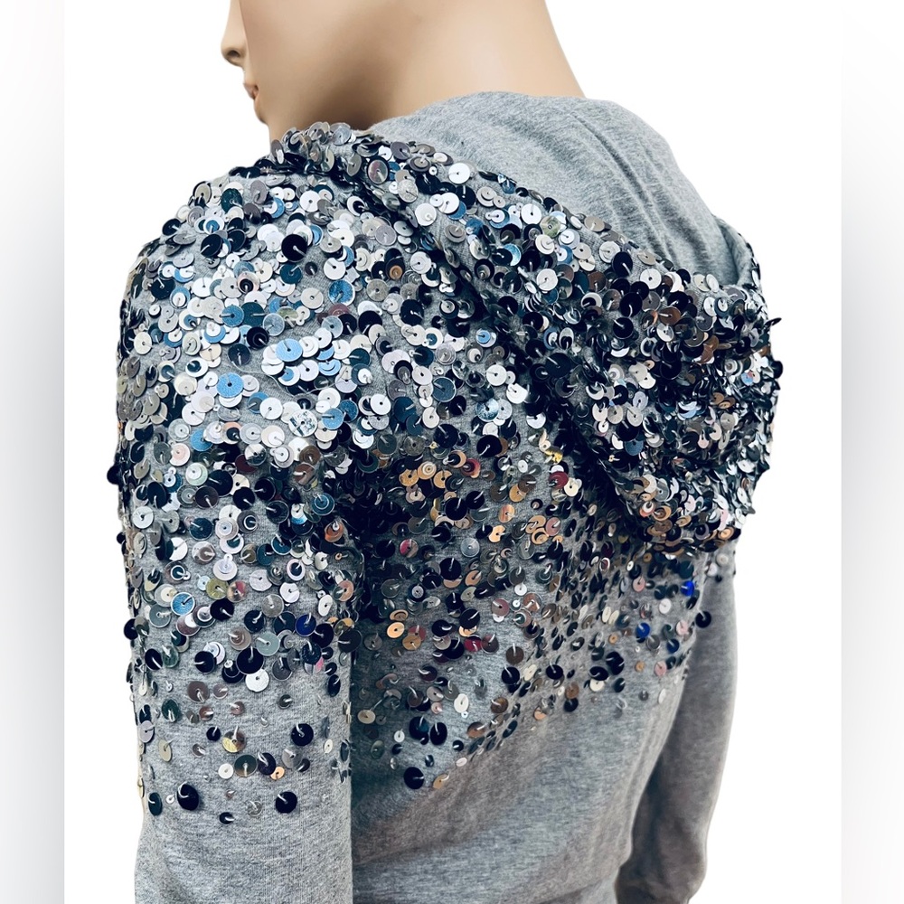 LOVE MOSCHINO METALLIC Sequins Silver Hoodie Size 2 US 96% Cotton 4% Elastane - Picture 10 of 16